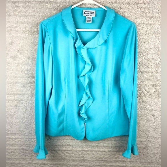 PENDLETON Aqua Blue Ruffled Blouse Size 10 Office Work Professional - Picture 1 of 16